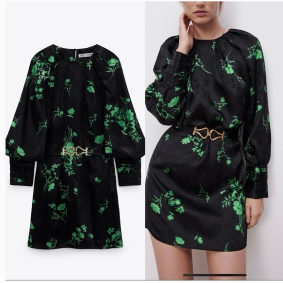 Zara Long Sleeve Black Green Jacquard Floral Print Mini Dress  Size XL - Picture 11 of 13